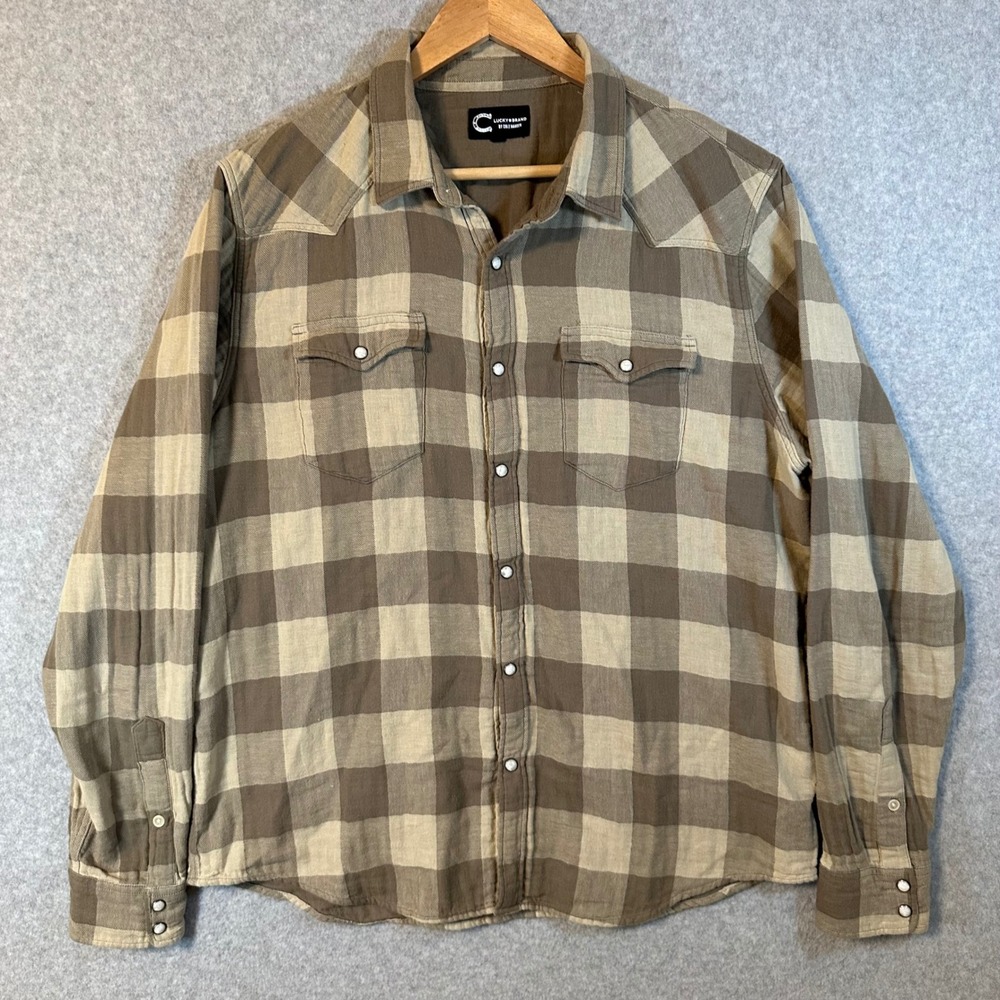 Lucky Brand Western Shirt Mens L Brown Plaid Linen Cotton Snap Front Cole Hauser